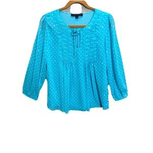 Tommy Hilfiger Women's Sz S Blue Dot Pintuck Blouse Tie Neck 3/4 Puff Sleeves